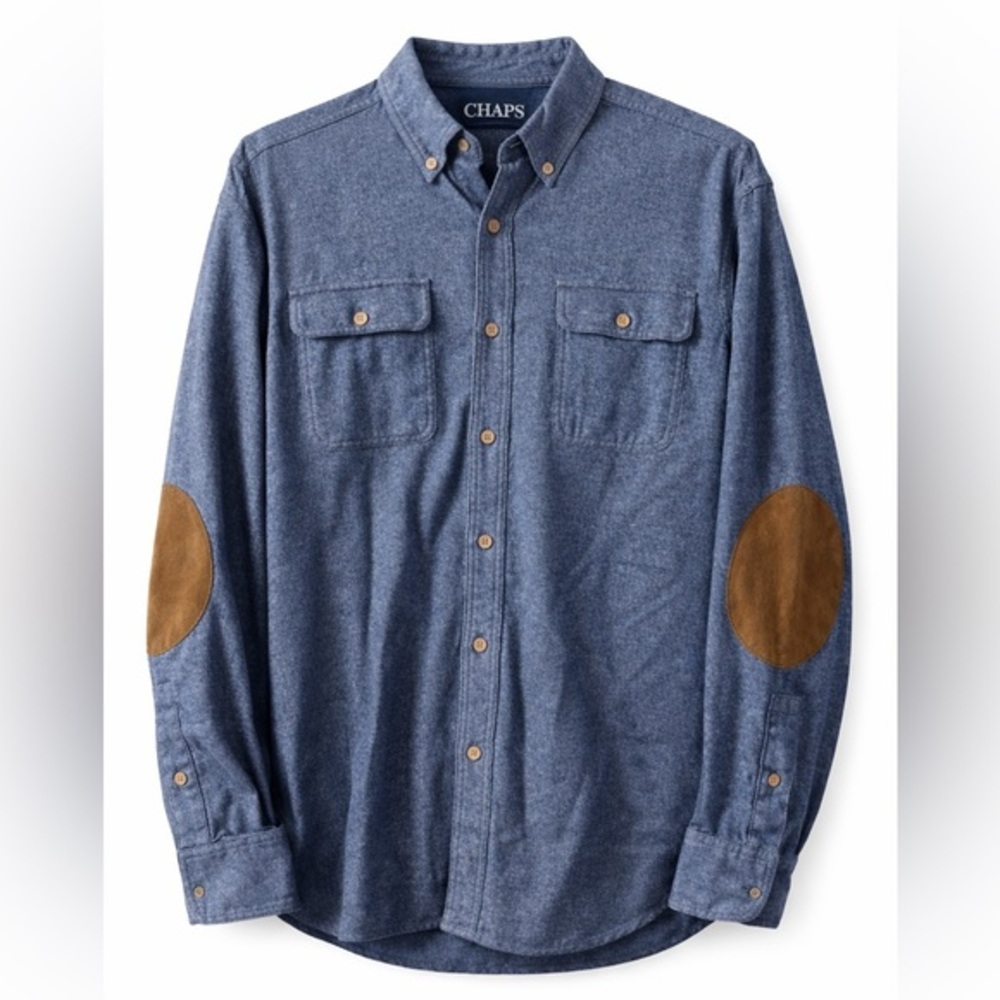 Chaps Blue Button Down Shirt Large Cotton Elbow Patch Casual Workwear